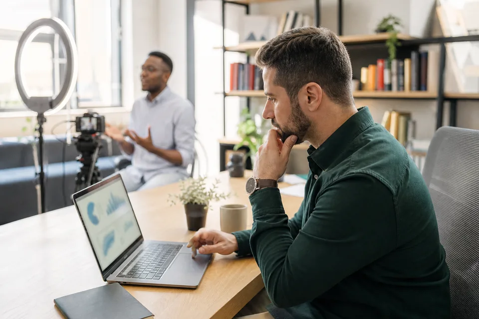 Marketing lead at an online course company reviewing landing page analytics while a colleague records a lesson