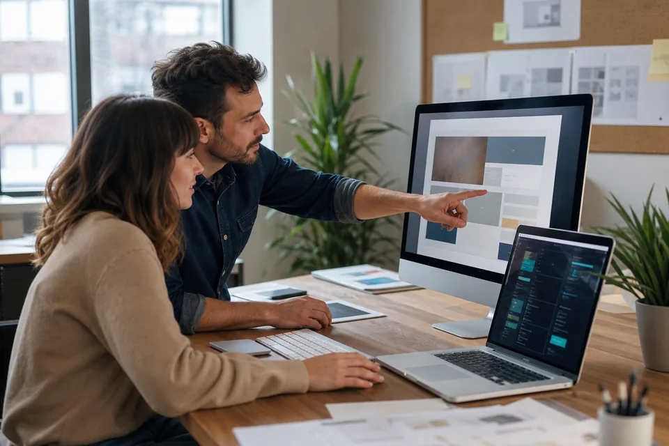 Two web designers reviewing a client website layout and hosting dashboard in a small studio